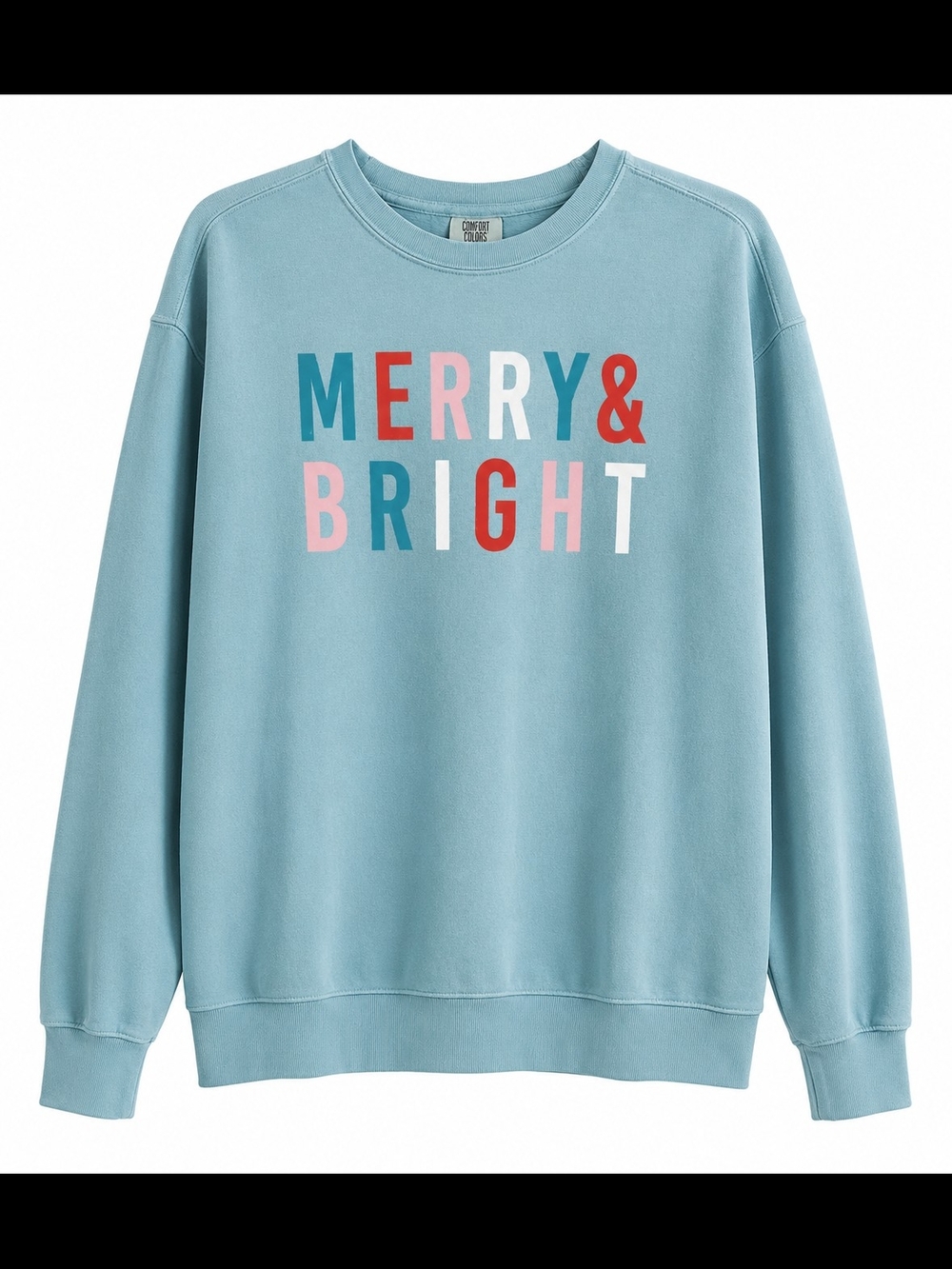 Comfort Colors XL Merry & Bright Christmas Sweatshirt Blue Holiday Crewneck NWOT